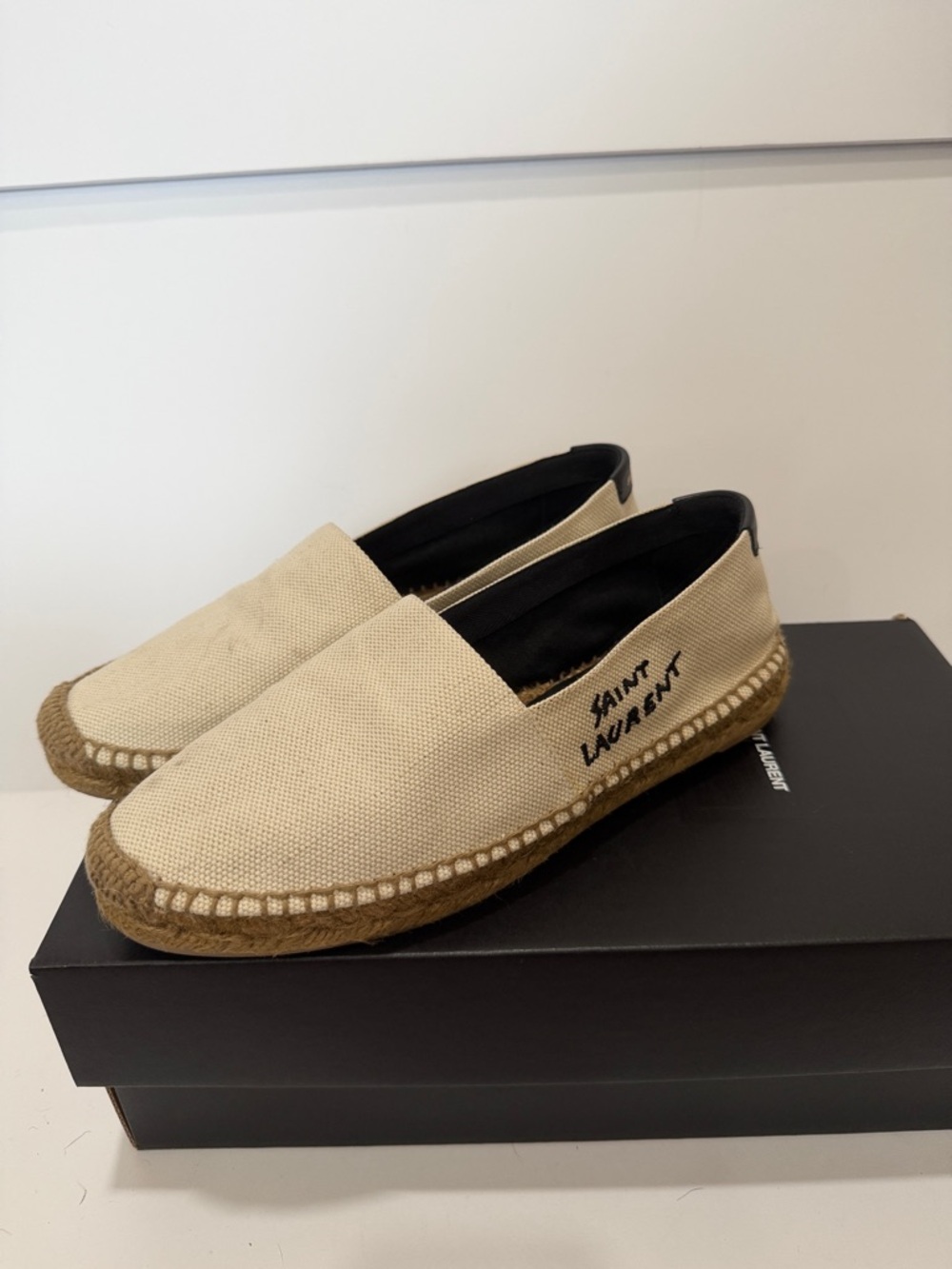 Yves Saint Laurent Cream Canvas Espadrille Flats with Black Trim - Picture 4 of 6